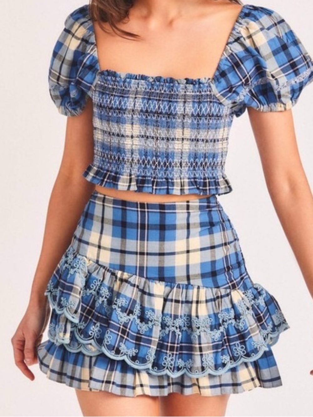 LoveShackFancy Blue and Cream Plaid Ruffled Set